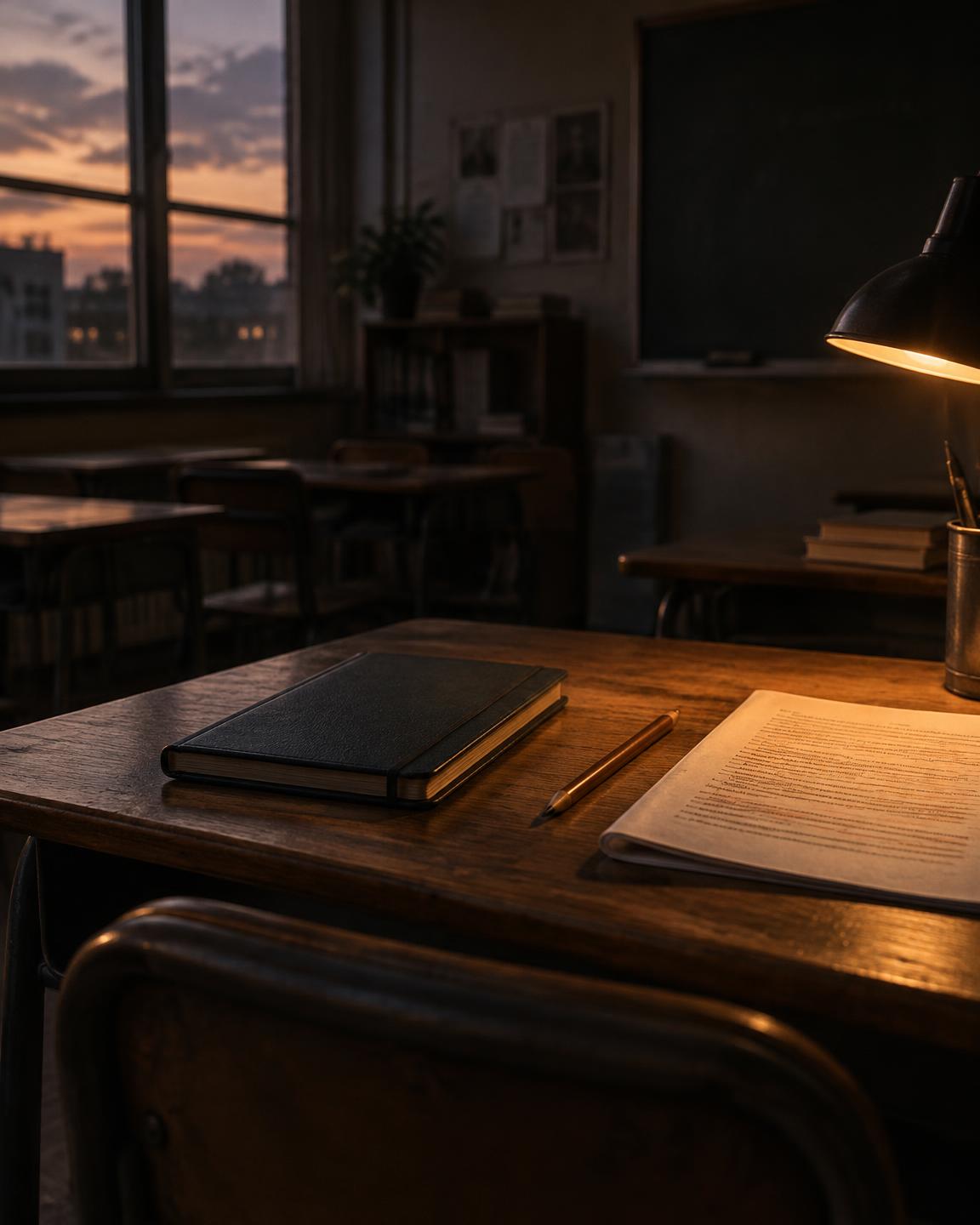 Escritorio de aula al atardecer con cuaderno, lápiz y un documento anotado en bermellón.