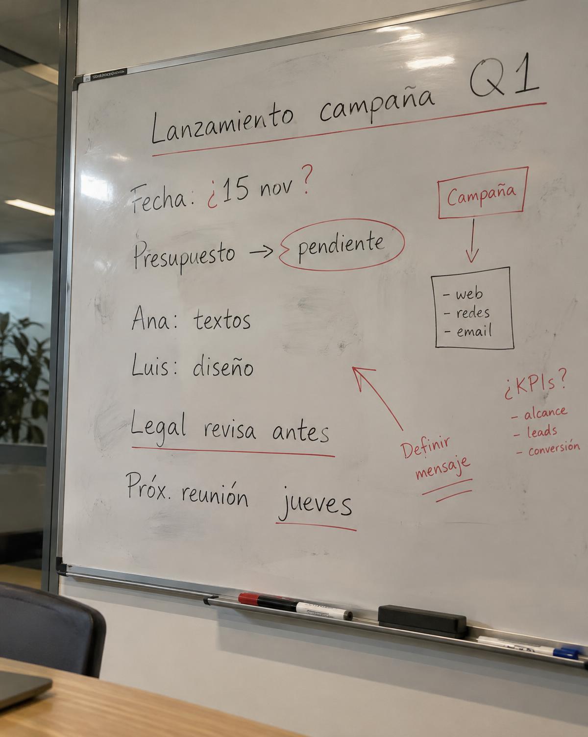 Foto de una pizarra tras una reunión: «Lanzamiento campaña Q1», fecha ¿15 nov?, presupuesto pendiente, Ana textos, Luis diseño, legal revisa antes, próxima reunión jueves, canales web, redes y email, y KPIs por definir.
