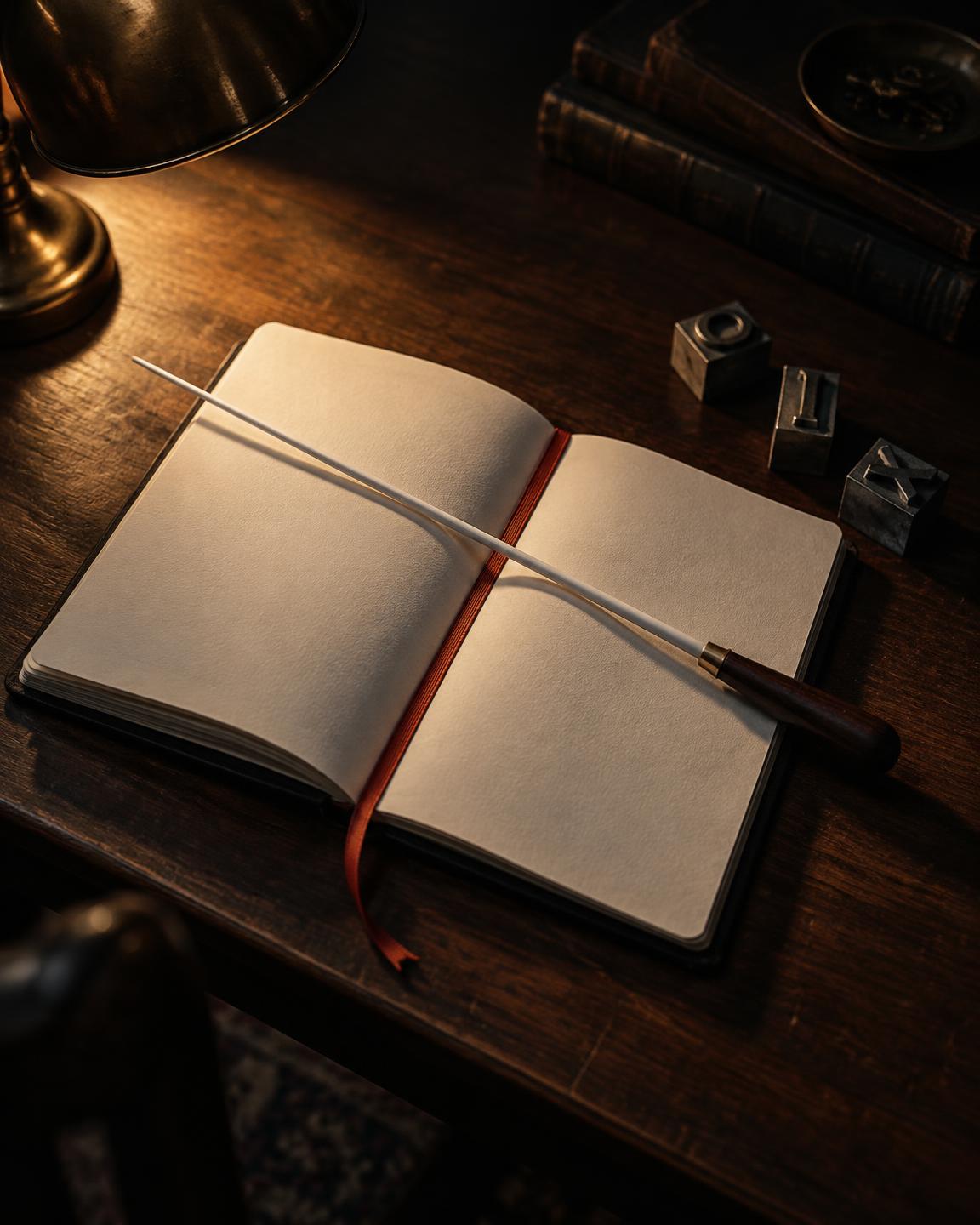 Batuta de director sobre un cuaderno abierto en blanco, junto a tipos de imprenta.